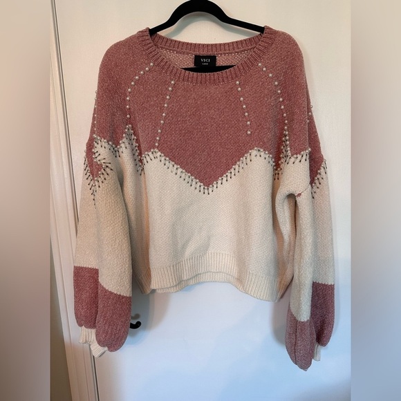 Vici Sweaters - VICI beaded two tone color block mauve & cream  Embellished  sweater #1810